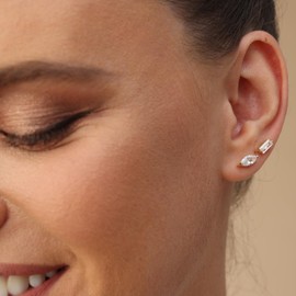 Baguette Cut Cubic Zirconia Or Moissanite Diamond Dainty Stud Earring In 14K Gold Over Sterling Silver, Cubic Zirconia Or Moissanite Diamond Mother's Day Gift For Her, Sterling Silver Moissanite Rose