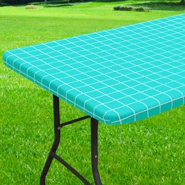 Spotjoy Rectangle Table Cloth, Elastic Fitted Flannel Backed Plastic Table Covers for 6 Foot Folding Tables, Waterproof Vinyl Tablecloths for Picnic, Camping, Indoor and Outdoor (Aqua, 30 x 72 inch)