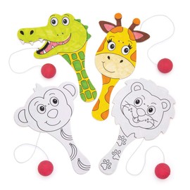 Baker Ross Jungle Animals Wooden Paddleball Racket, Ball is attached to the bat with elastic band (Pack of 5) Perfect for any party