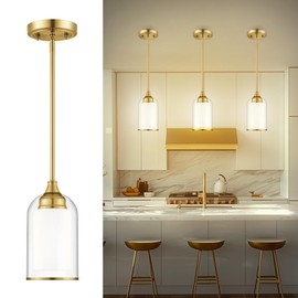 LIROUVET Gold Pendant Lights Kitchen Island - Dual Glass Pendant Light, 1-Light Hanging Light with Clear and Milk Glass, Vintage Pendant Light Fixtures for Kitchen, Dining Room, PL02BR