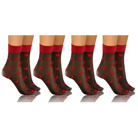 sesto senso Women's Fine Socks 4 Pairs Picot Pattern Transparent Lace Stockings Black, Pattern 14 - Red Heart