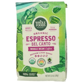 Whole Foods Market, Organic Espresso Bel Canto Whole Bean Coffee, Medium-Light Roast, Berries & Cocoa Powder, 12 Ounce