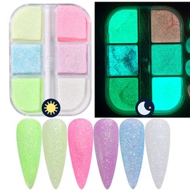 Holographic Luminous Nail Powder Glitter Kit,6 Colors Nail Art Supplies 3D Sparkly Fluorescent Pigments Acrylic Nails Powder Dust Mermaid Shinning Glitters Design Manicure Tips Nails Decorations