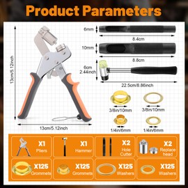 Grommet Tool Kit, 1/4 Inch(6mm), 3/8 Inch (10mm) Grommets Heavy Duty Grommet Kit 500 Metal Eyelets and Grommets in Gold Grommet Eyelet Pliers Kit Eyelet Tool for Fabric, Leather, Belt, Shoes, Clothes