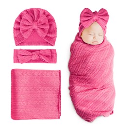 BQUBO Newborn Receiving Blanket Toddler Warm for Girls with Matching Bow Hat and Bow Headband Shower Gift