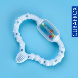 Curaprox Beißring für Babys blau, Baby Beissring mit Rassel, Baby Beissring mit Lernzahnbürste, Beißring für Babys zum Zahnen, BPA-frei, Blau, 1 Stück