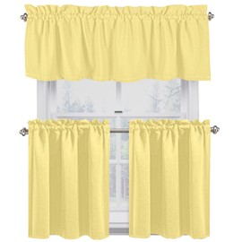 Native Fab 3 Piece Window Curtain Tiers 26"x36" and Valance 54"x18" Set - Rod Pocket - Semi Sheer - Short Curtain for Kitchen, Cafe, Living Room - Pale Yellow