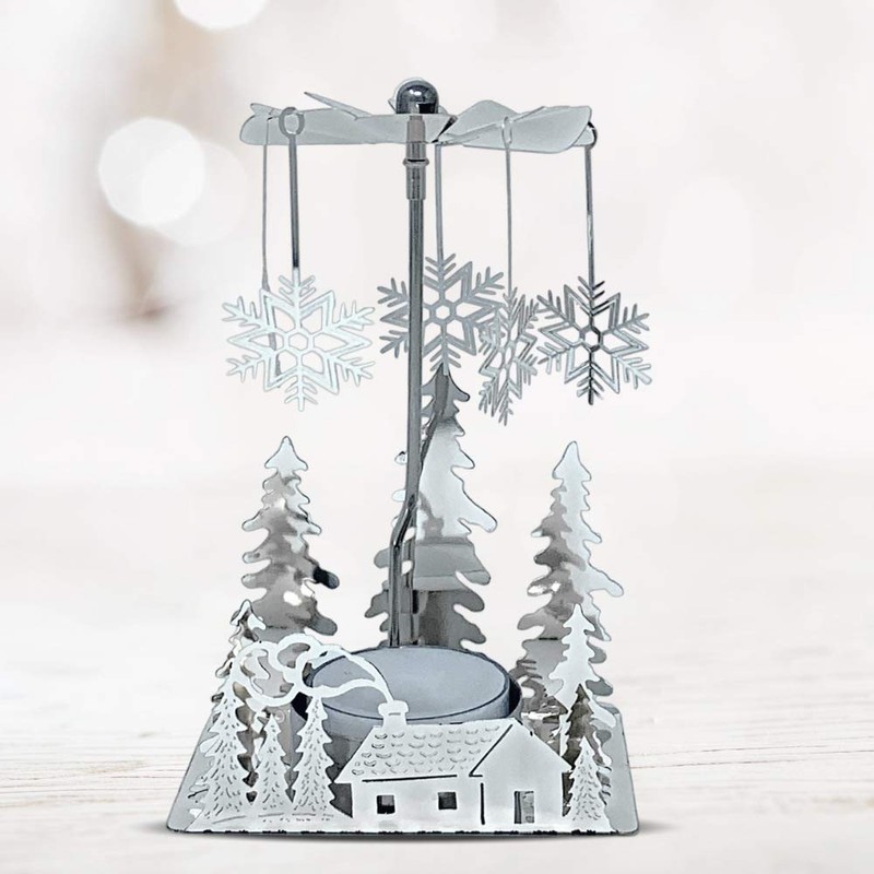 Silver Winter Cabin Candle Spinner - Silver Plated Laser Cut