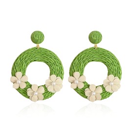 YUNXI Handmade Raffia Rattan Bohemian Round Drop Dangle Earrings for Women Boho Statement Flower Fun Hoop Earrings (Green)