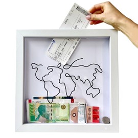 2024 Adventure Archive Box Wooden Ticket Holder Shadow Box Top Loading Display Case Frame with Slot on Top, Trave Map World Memento Frame for Plane Train Concert Tickets (12x12)