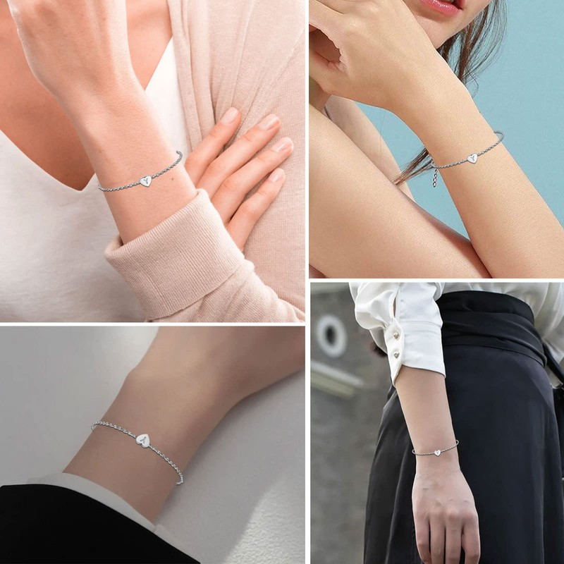 KunBead Jewelry Silver Initial P Letter Bracelet Love Heart Charm