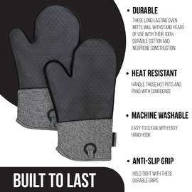 Frigidaire Sasha Cotton and Silicone Oven Mitts, Heat Resistant, Anti-Slip, Machine Washable, 13”x 7 “,Black, Set of 2
