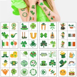 St Patricks Day Glitter Temporary Tattoos, 48pcs Clover Gold Coin Luck Hat Expression Tattoo Sticker St Patrick's, Kiss Me I'm Irish Party Favor, Shamrock Arts Crafts Green Shamrock Decorations