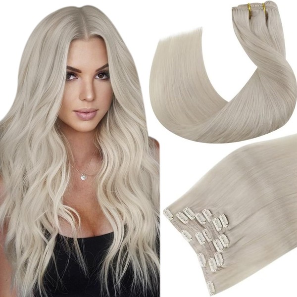 Hetto Clip-In Real Hair Extensions, Blonde Extensions, Remy Hair Extensions, Full Head, Platinum Blonde #60, 120 g, 45 cm, Straight