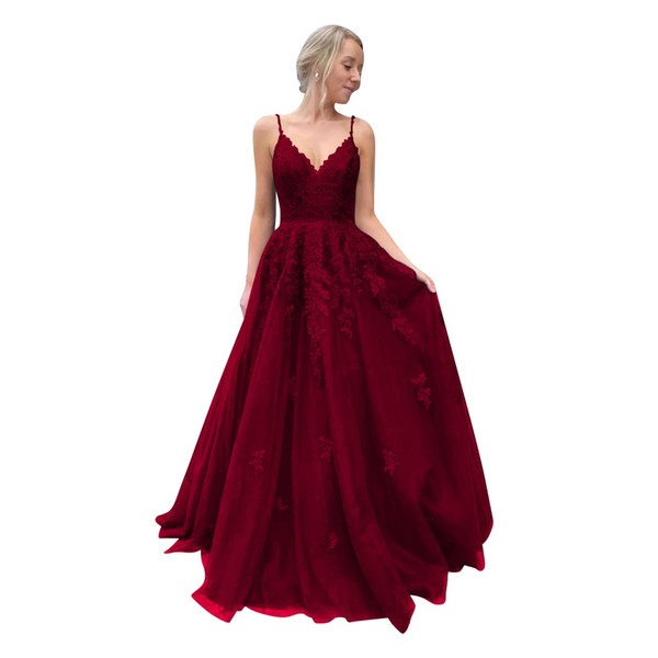 Stylefun CYM105 - Vestido largo con apliques de encaje y tirantes delgados, vestido formal de tul para fiesta, Rojo vino, 12