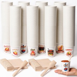 Afarnook 800 Pcs 7 oz Chili Cook off Cups Sets 400 Disposable Chili Tasting Cups 400 Wooden Spoons for Mexican Cook off Party Decorations Supplies(White,Stylish)