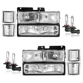 KarSpareHub Headlights Assembly W/Bulbs for 1994-1998 Chevy C10 Pickup Truck C/K 1500 2500 3500 Silverado Tahoe Suburban, 1992-1994 Blazer, Pair Set, Chrome Housing