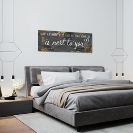 KREATIVE ARTS "My Favorite Place in All the World is Next to You Canvas Quotes Wall Art, Romantic Bedroom Decor, Grey and Gold Marble Prints, Stretched and Ready to Hang, 20x55''