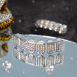 Txdvbls Grillz 14K Gold Plated Grills for Your Teeth Diamond Grill Teeth Men Silver CZ Tooth Caps Hip Hop Iced Out Mouth Accessory Jewelry for Women