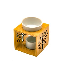 LivuX Aromalampe - Verdunster mit Holzgestell im Lebensbaum-Design, Porzellan-Schale und Teelichthalter, 11 cm hoch, 9,5 cm breit – Natürlicher Duftspender 1122