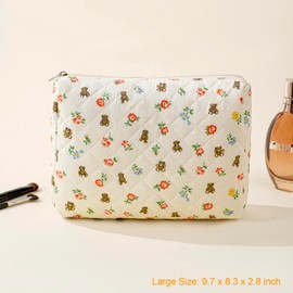 Gleyemor Large Travel Quilted Makeup Bag for Women, Cute Floral Cotton Cosmetic Bag, Toiletry Period Bag Pencil Pouch Aesthetic Case Essentials Bag, L41-Flower & Bear