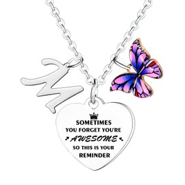 Inspirational Necklace with Initial You Are Awesome Necklace Butterfly Charm A-Z Letter Necklace for Friends Necklace Gifts for Sister Daughter Granddaughter 26 Letters Alphabet Necklace (Letter M)