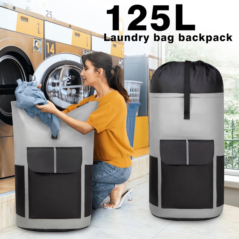 BeeGreen Grey-Black-Laundry-Bag-Backpack-Extra-Large-Heavy-Duty, 125L Portable Travel Laundry Backpack with Shoulder Straps