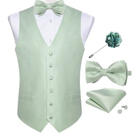DiBanGu Mens Paisley Suit Waistcoat,Silk Dress Vest and Bowtie Pocket Square Cufflinks with Lapel Pin Set for Wedding Tuxedo, Sage Green, Medium