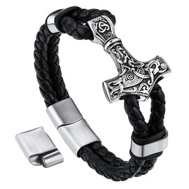 Bandmax Viking Bracelet for Men Black Leather Cuff Bracelet Wirstband Thor's Hammer Mjolnir Pendant Bracelet Nordic Pagan Jewelry for Gift