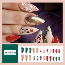 24Pcs Christmas Press on Nails Medium Almond - WLGDLH Red&Green Fake Nails Gold Glitter False Nails Press Ons Nail Art Tips With Cute Elk Candy Design Acrylic Nail Kit for Women Christmas Decor