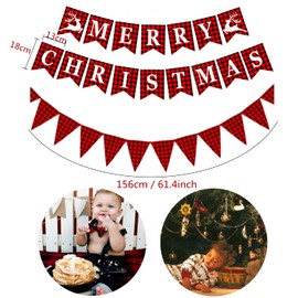 JUNRU Merry Christmas Burlap Banner, Red Black Buffalo Plaid Reindeer Banner with Triangular Flag Pre-Assembled Vintage Bunting for Xmas Party Home Fireplace Tree Holiday Decor Supplies, 3Pcs