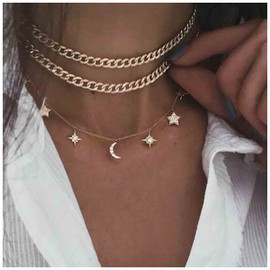 Yheakne Boho Layered Star Moon Necklace Choker Gold CZ Moon Pendant Necklace Rhinestone Star Dangle Necklace Punk Curb Chain Necklace Jewelry for Women and Girls Gifts