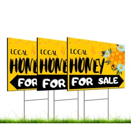 Set of 3 Double Sided 12x16 Inches Local Honey For Sale Yard Sign with Metal H-Stakes - Local Honey Sale Signs for Farm Garden Lawn Outdoor - Funny Plastic Signs For Sale Bee Hive Decoration