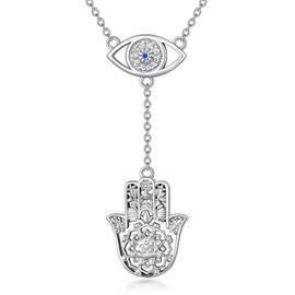 MEIDERBO Evil Eye Necklace for Women Y Lariat Sterling Silver Hamsa Necklace Protection Amulet Evil Eye Pendant Necklace Jewelry Mother's Day Birthday Gifts