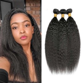 1B Kinky Straight Bundles Color 1B Yaki Straight Human Hair Bundles 8a Grade Double Weft Brazilian Remy Hair Weave Extensions Soft and Silky for Black Women (20 22 24 inch 3 Bundles)