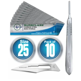 Scalpel Blades # 25 Carbon Steel Non Sterile Scalpel Surgical Blades Pack of 10 and Steel Handle for Wood Art, Surgical, Sculpting, Repairs, Lab Anatomy, Sign, Card Making Lab Training SURGIBL25-10