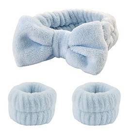 Bow Hairband and Wristband Set Washing Face Headband and Wristbands for Skin Care Head Band and Wrist Band Set for Skincare Wrist Bands for Girls Kids Wrist Wash Bands for Face Washing Cuffs 3Pcs