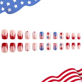 4th of July Press on Nails Medium Square Fake Nails with Ice Cream Design Independence Day Stars False Nails Red French Tip Full Cover Glue on Nails Summer Stick on Nails for Women 24Pcs