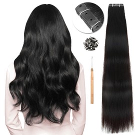 HANNE 20 Inch Genius PU Hair Extensions Real Human Hair 4 Holes PU Remy Hair Extensions via Hair Beads Reusable Real Hair Extensions with Holes No Glue Seamless Human Hair Extensions for Women （1B）