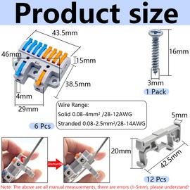 CESFONJER 2-in-8-out Compact Terminal Blocks (6 Sets), Lever Wire Splicing Connectors, 2 Input 8 Output, DIN Rail & Screw Fix, 28-12AWG, Includes Mounts & Screws