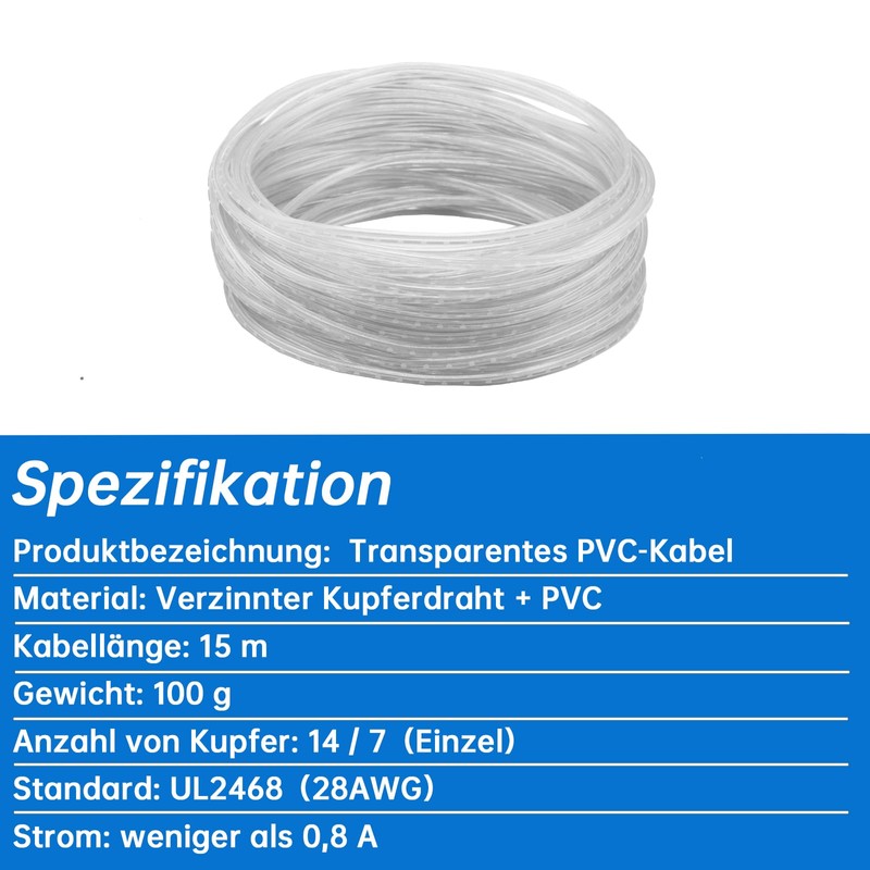 15 m 28AWG PVC Cable Transparent 2 Core Lights Cable
