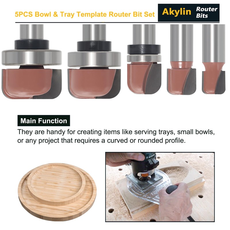 Akylin Dish Carving Router Bits, 1/2 Inch Shank 5PCS Bowl