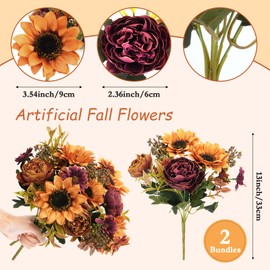 GTIDEA 2 Bundles Fall Flowers Bouquet Vintage Artificial Flowers Fake Sunflowers with Silk Peonies Orange Autumn Flowers for Home Table Centerpieces Wedding Festival Party Decor