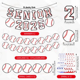 Kosiz 2025 Senior Night Baseball Party Decorations, Senior 2025 Banner, Baseball Paper Garland, Hanging Swirls for Celebration Gift Sports Teams Graduation Party Supplies