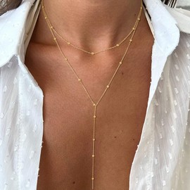 Layered Necklace for Women Long Gold Necklace for Women Y Shape Lariat Necklace Beaded Layered Charm Necklace Dainty Gold Jewelry Gifts