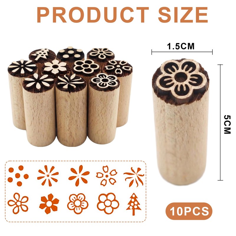 SHIQUAN 10 Pcs Wooden Pottery Stamps, 5 x 1.5 x