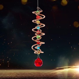 FONMY Gazing Ball Spiral Tail -Decorative Wind Spinner Sun Catcher Rainbow Maker Copper Double-Spiral W/Red Crystal Ball and Chain Crystals Beads for Indoor Outdoor Garden Decoration -14 inch Height