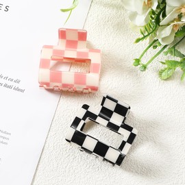 2Pcs Checkered Hair Clips-Small Rectangle Multicolored Claw Barrettes - Strong Hold Y2K Hair Accessories for Thin and Thick Hair(Pink Black)