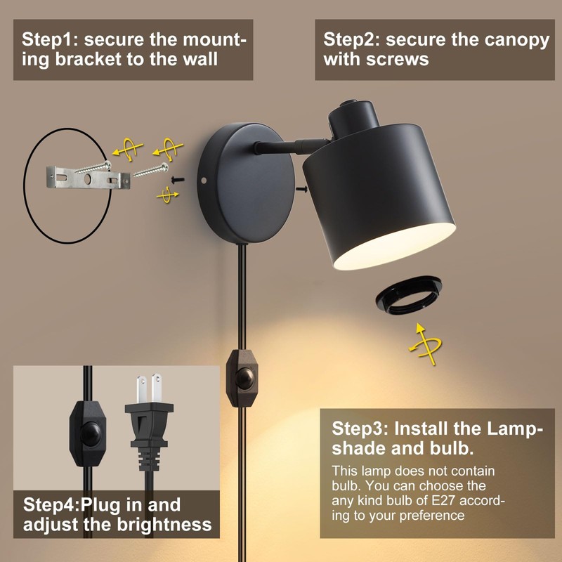 LIGHTESS Plug in Wall Sconces Set of 2 with Switch,