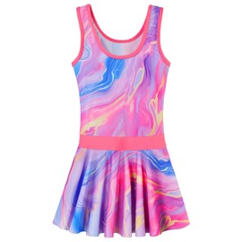 Traje de baño de una pieza UPF 50+ con falda floral modesto vestido de natación de playa de 3 a 11 años, Lazo de mármol rosado, 5-6 Años
